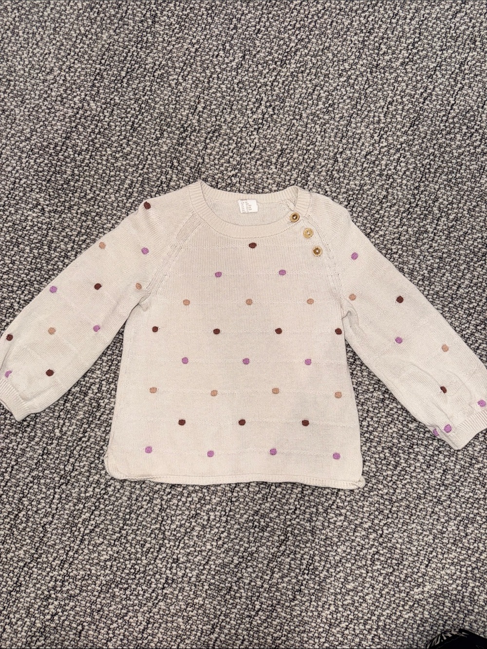 H&M Cream Sweater with Purple and Brown Polka Dots and Gold Buttons